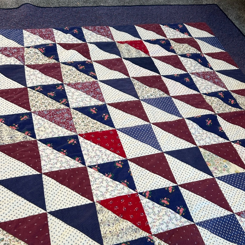 Vintage Patchwork Quilt in Burgundy, Navy, and Cream